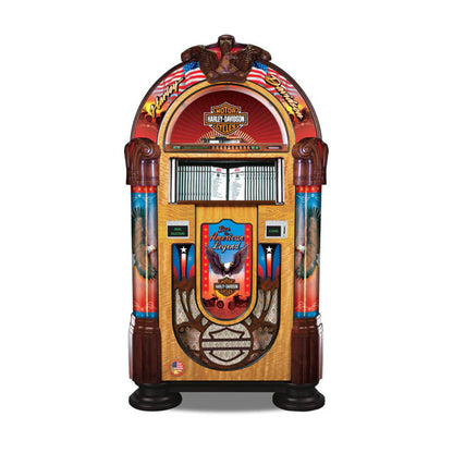 Harley-Davidson jukebox with American flag design on a white background