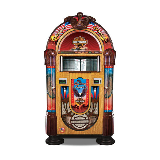 Harley-Davidson jukebox with American flag design on a white background