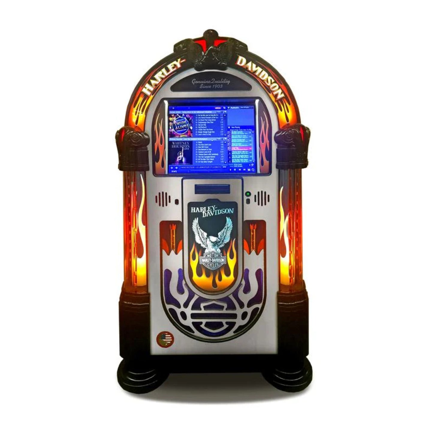 Harley-Davidson branded jukebox with flames and music display on a white background