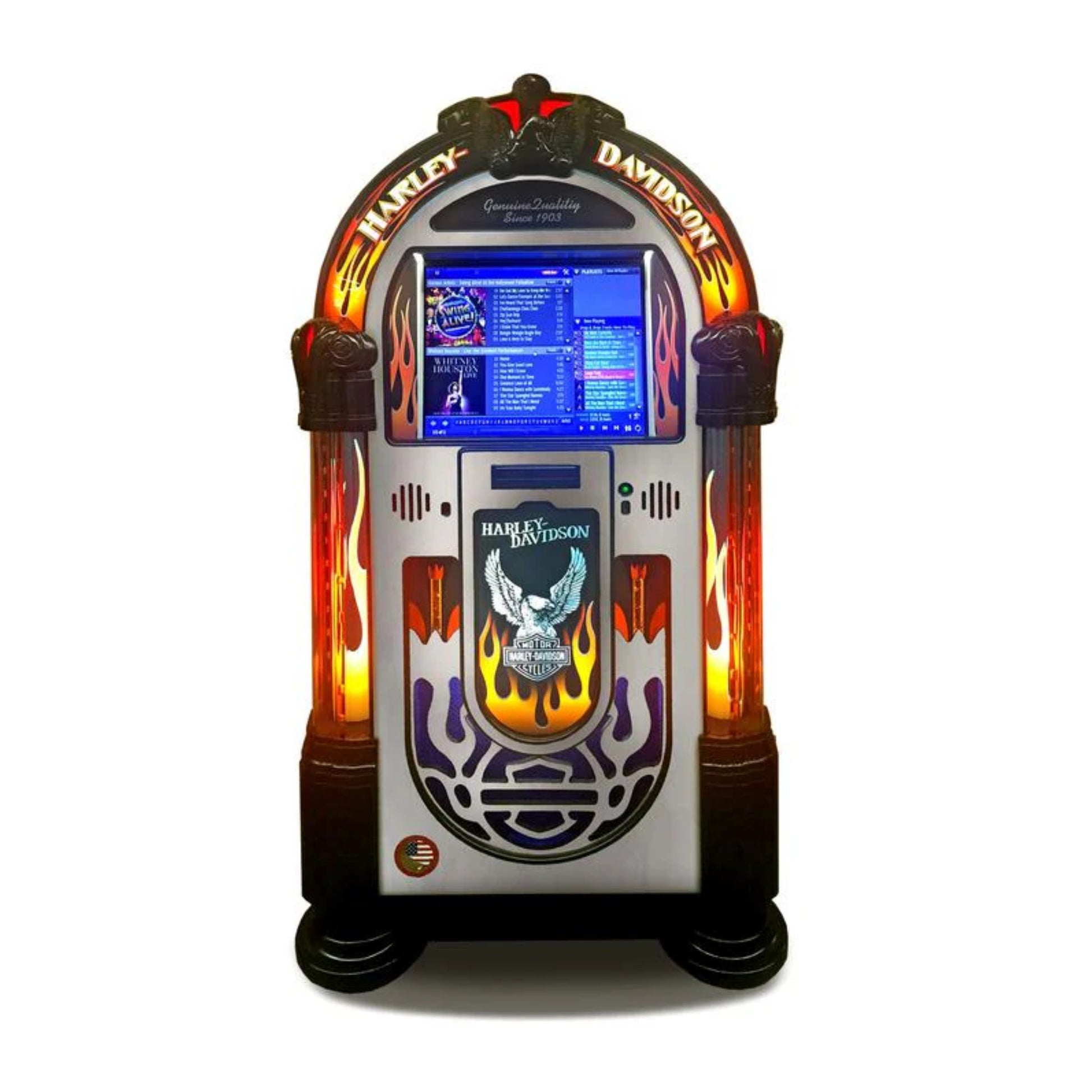 Harley-Davidson branded jukebox with flames and music display on a white background