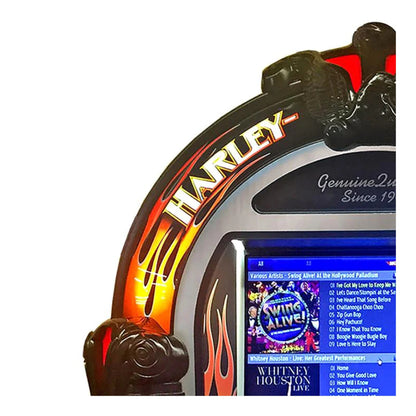 Harley-Davidson branded jukebox with a screen displaying music videos on a white background