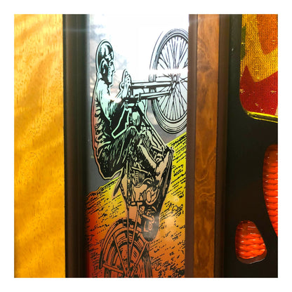 Decorative panel with a skeleton on a motorcycle design against a colorful background