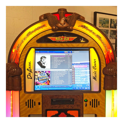 Vintage-style jukebox with digital screen displaying music menu