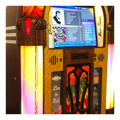 Colorful arcade machine with a screen displaying music software interface.