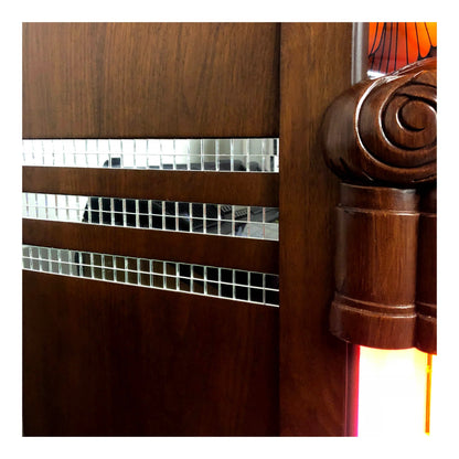 Wooden door with decorative handle and glass panel