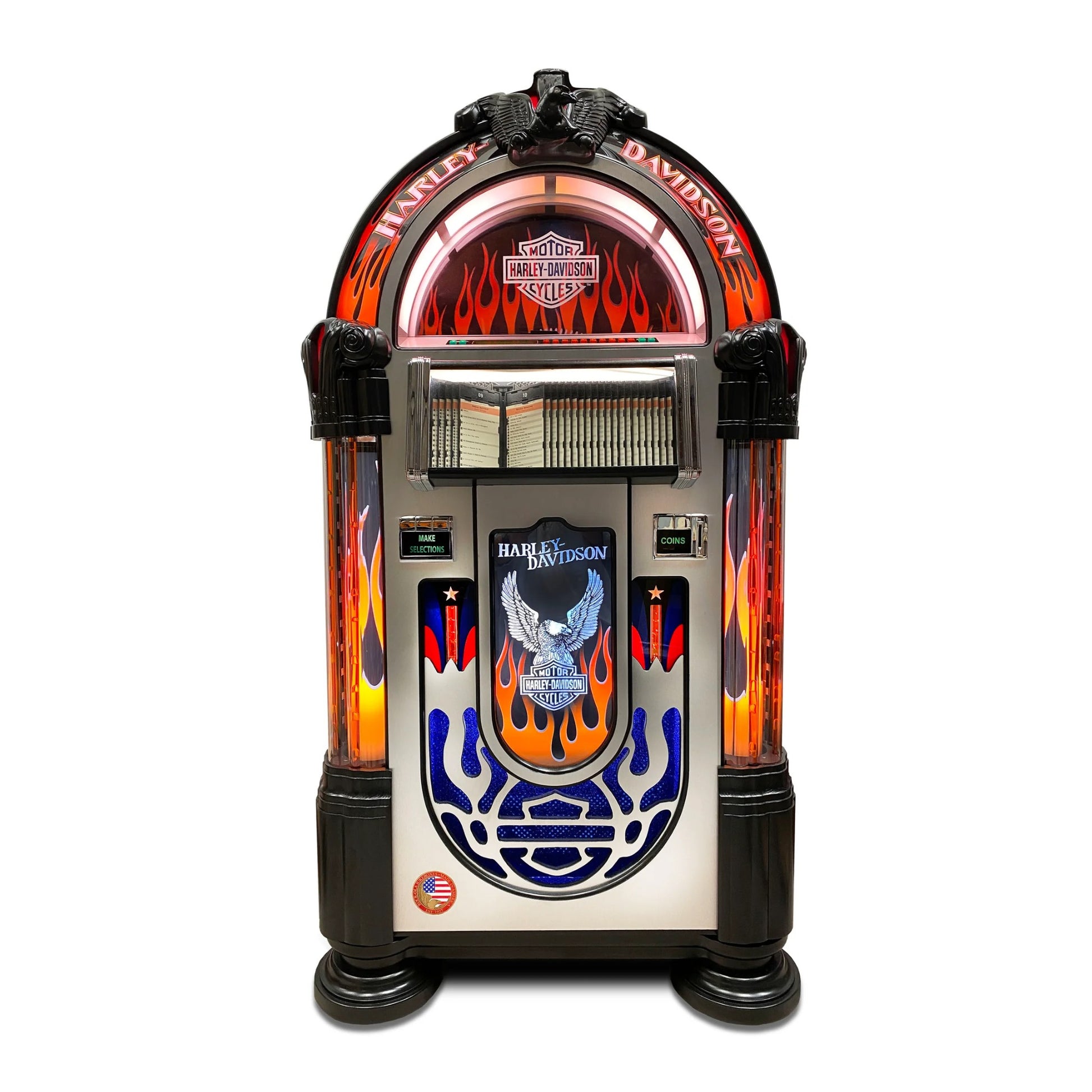 Harley-Davidson-themed jukebox with flames and logo on a white background