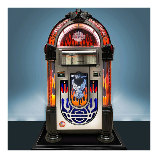 Harley-Davidson-themed jukebox with flames and logo on a blue background