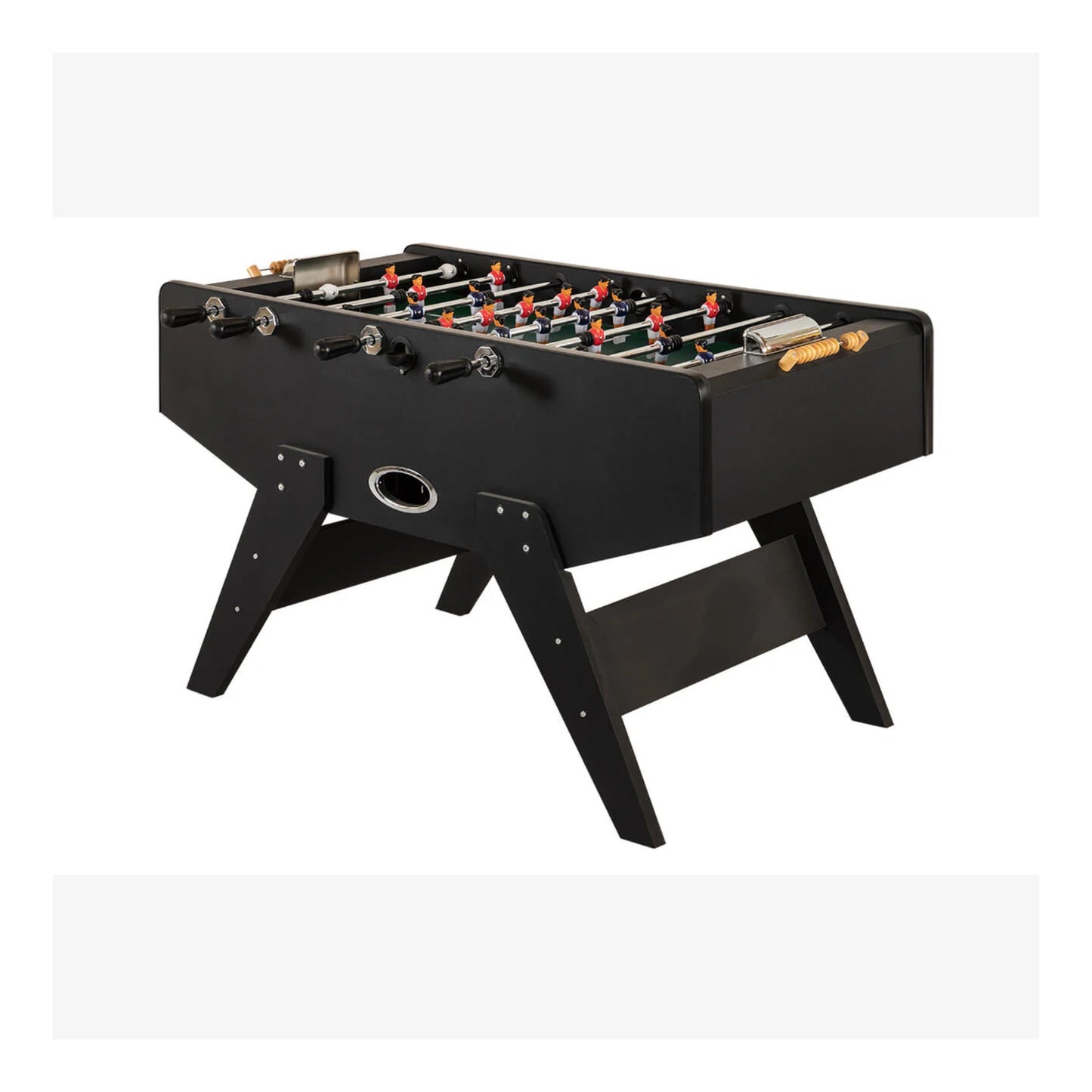 A full-length view of the Ideal Worldcup foosball table, showing the black cabinet and green playfield.