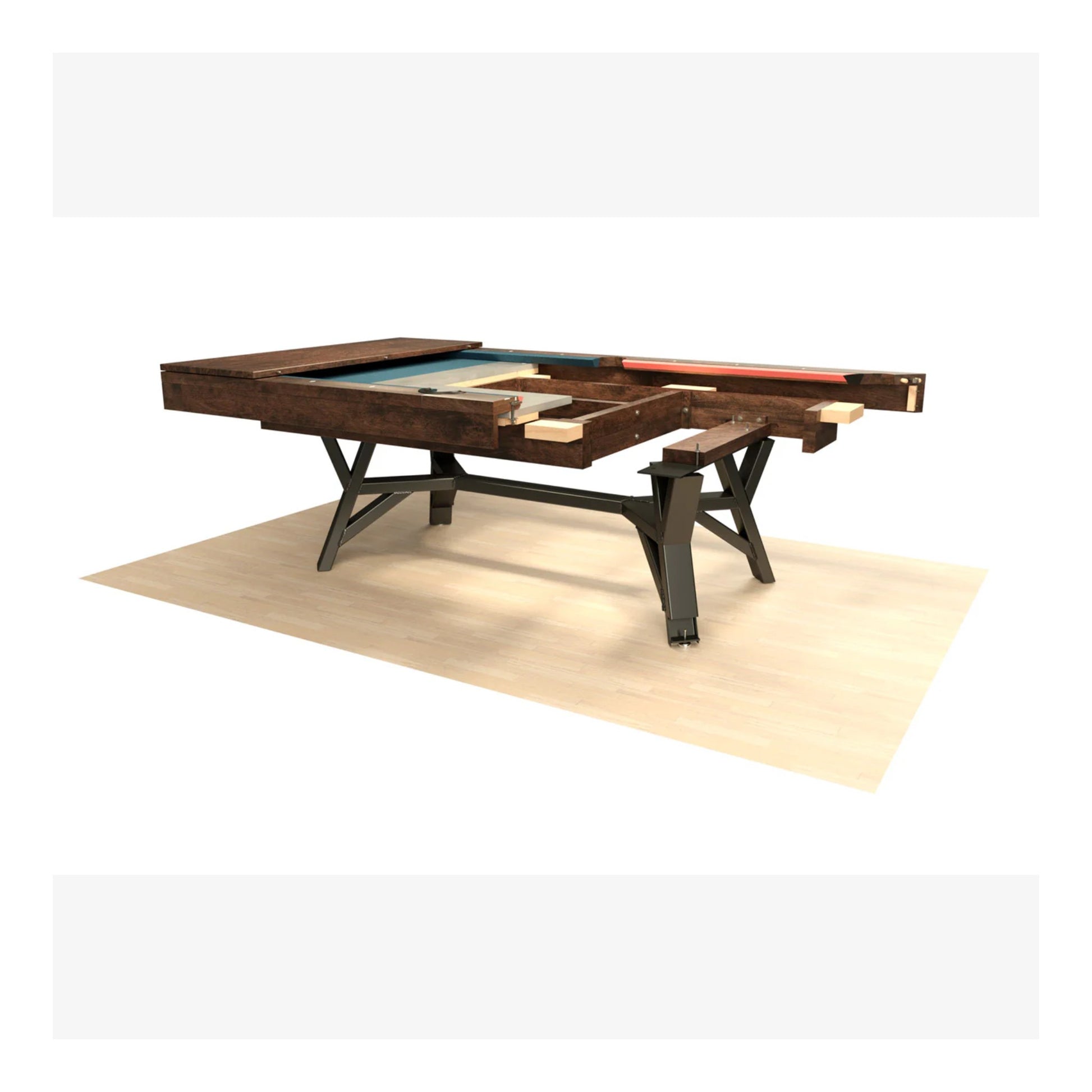 A detailed view of the Industria pool table leg, showing the steel frame and built-in leg leveller.