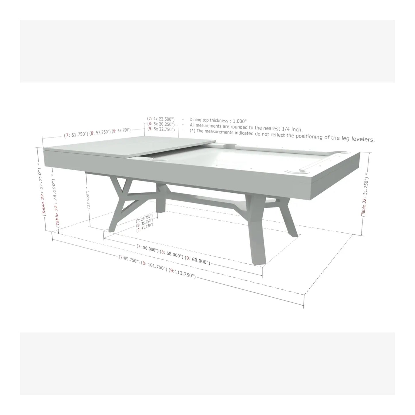 Technical specifications sheet for the 8-foot Industria pool table model.