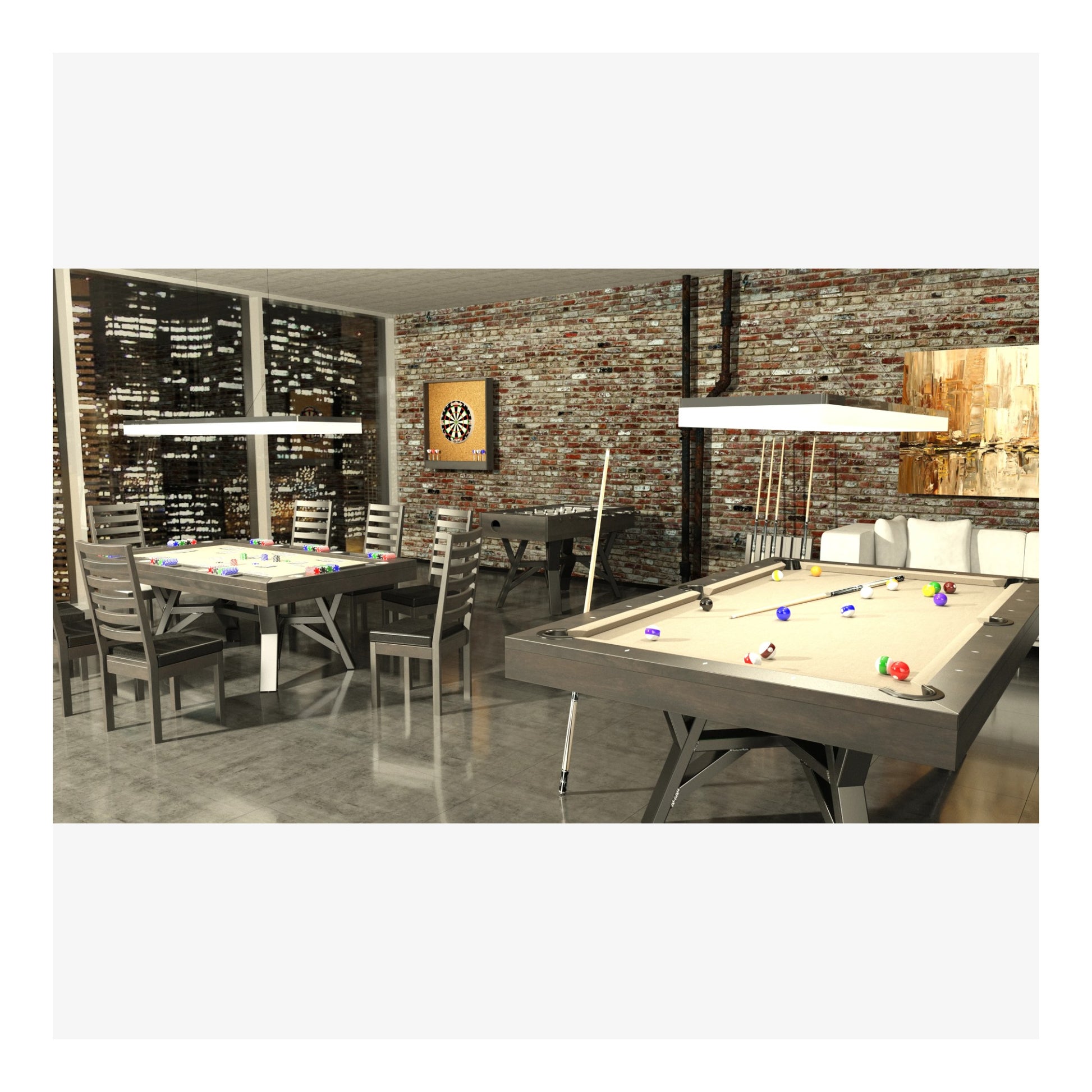 Room with pool table, dining table, and chairs against a brick wall.