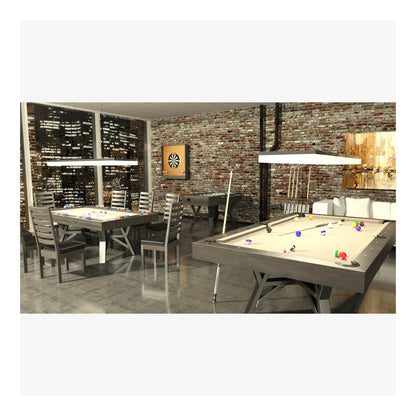 Room with pool table, dining table, and chairs against a brick wall.