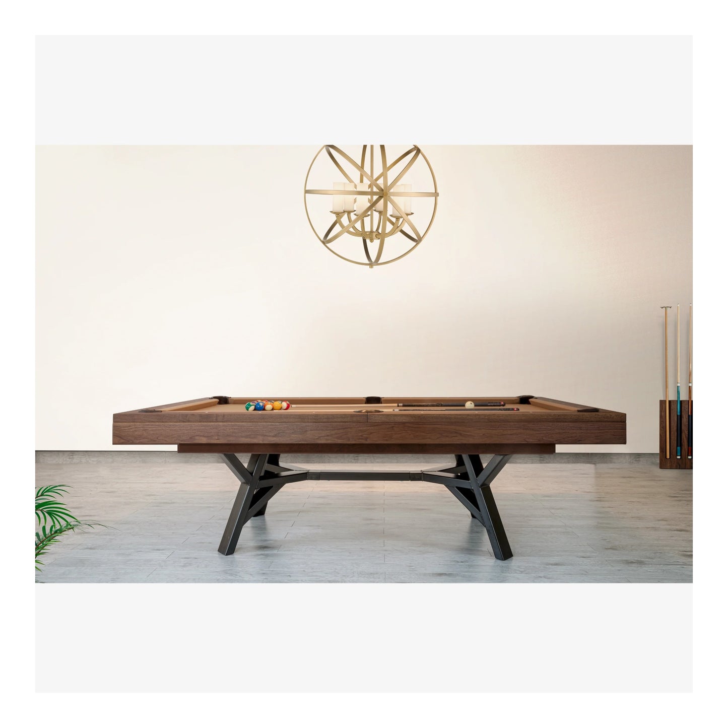 A close-up shot of the Industria pool table's corner, highlighting the steel leg construction and solid wood rail.
