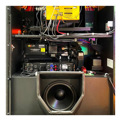 Sound system with speakers and amplifiers in a technical setup