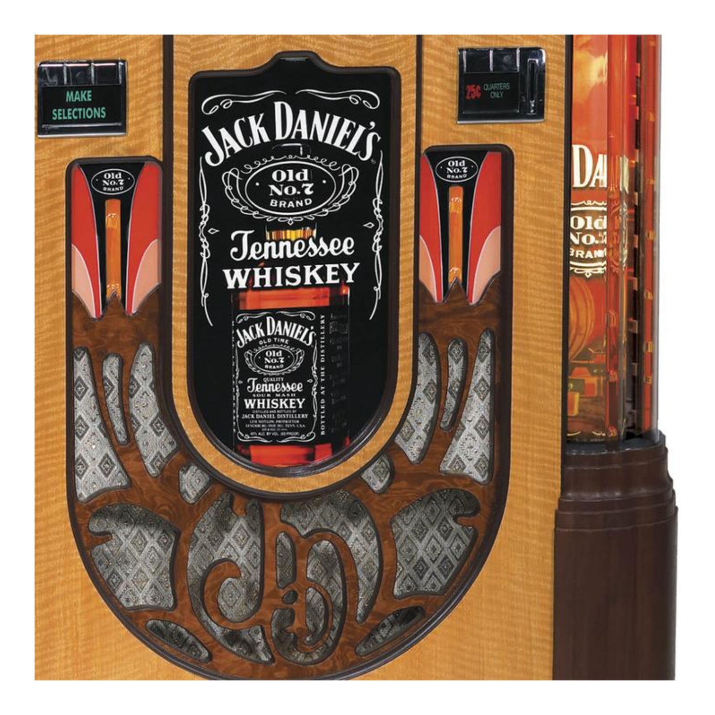 Jack Daniel's Tennessee Whiskey label on a wooden product with decorative elements.