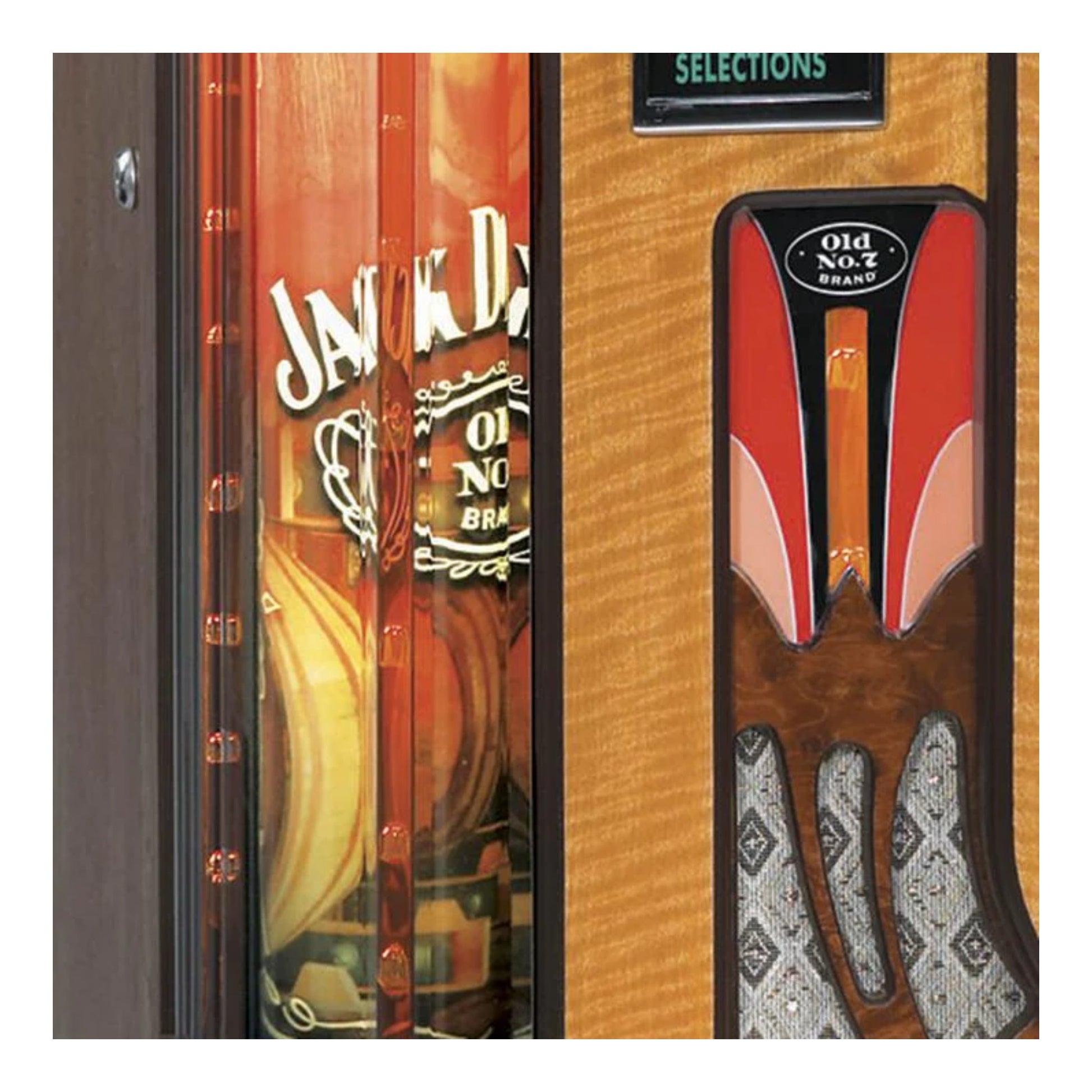Close-up of a wooden guitar case with 'Jack Daniel's' branding.