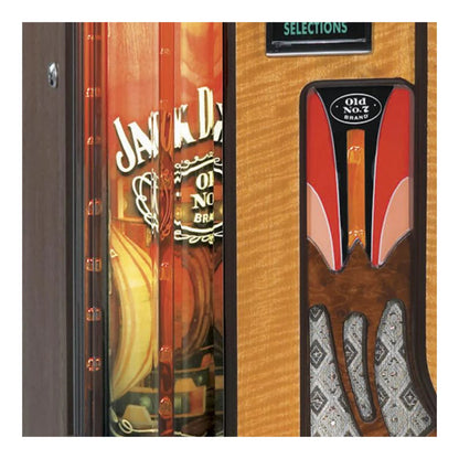 Close-up of a wooden guitar case with 'Jack Daniel's' branding.