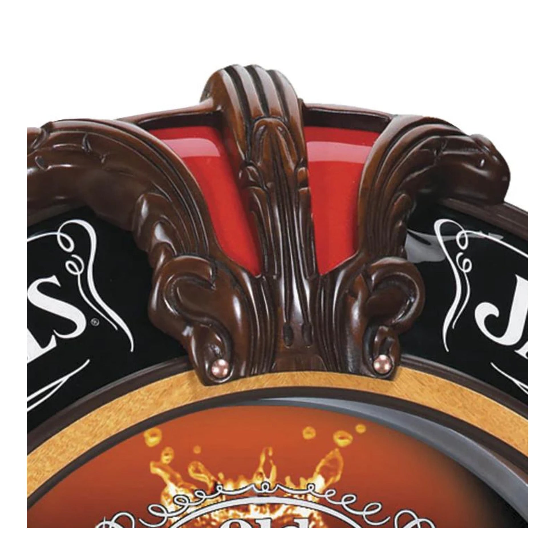 Close-up of a decorative clock with ornate detailing and a red face.