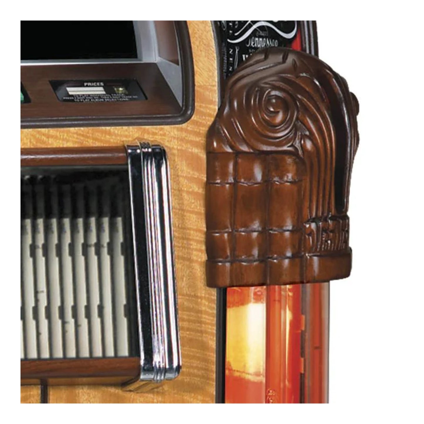 Close-up of a wooden jukebox with vinyl records and a decorative top.