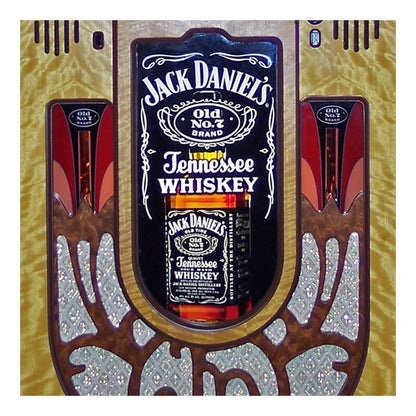 Jack Daniel's Tennessee Whiskey bottle in a decorative wooden holder with intricate carvings.
