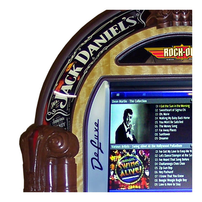 Jack Daniel's branded jukebox with a screen displaying music tracks.