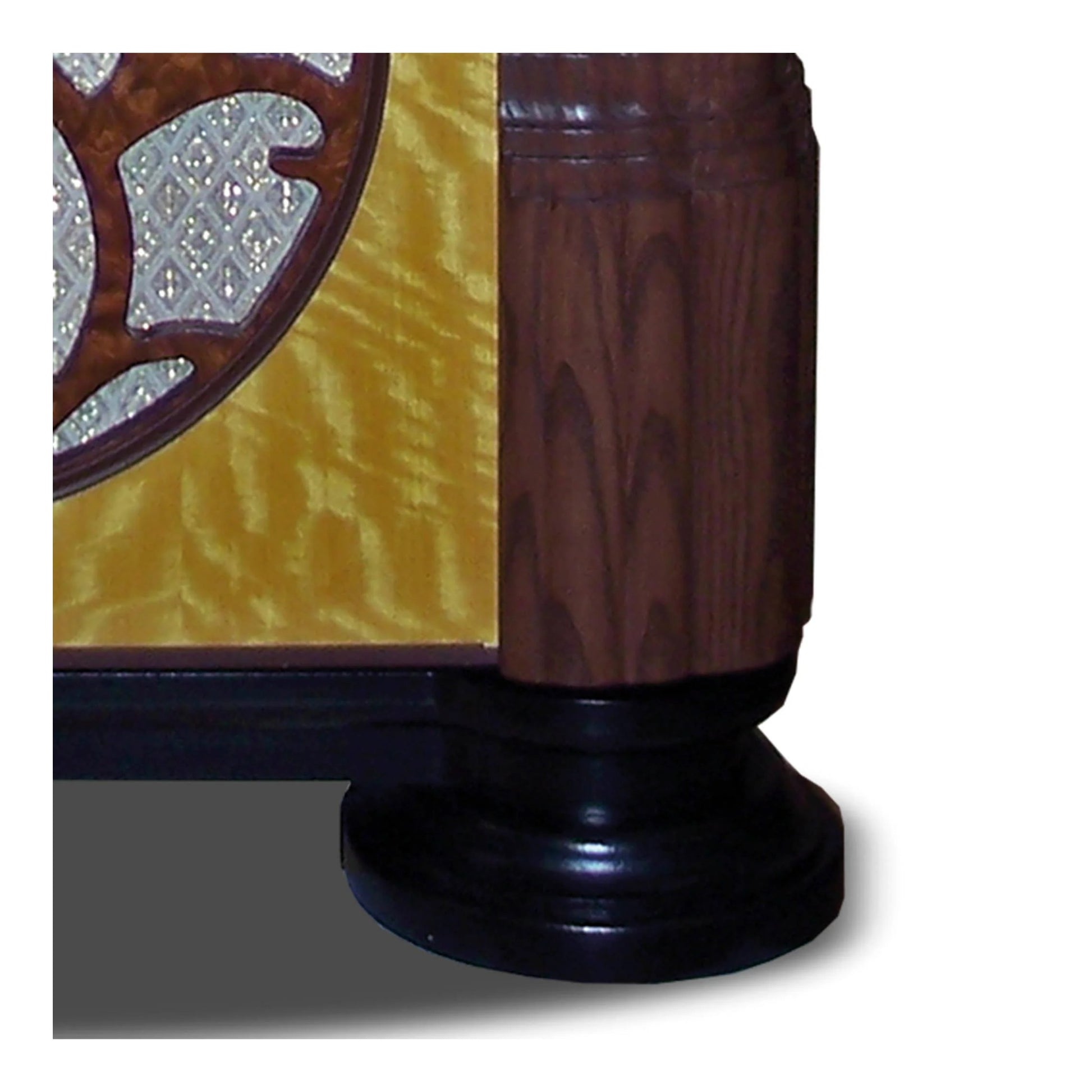 Wooden column with a black base against a colorful background