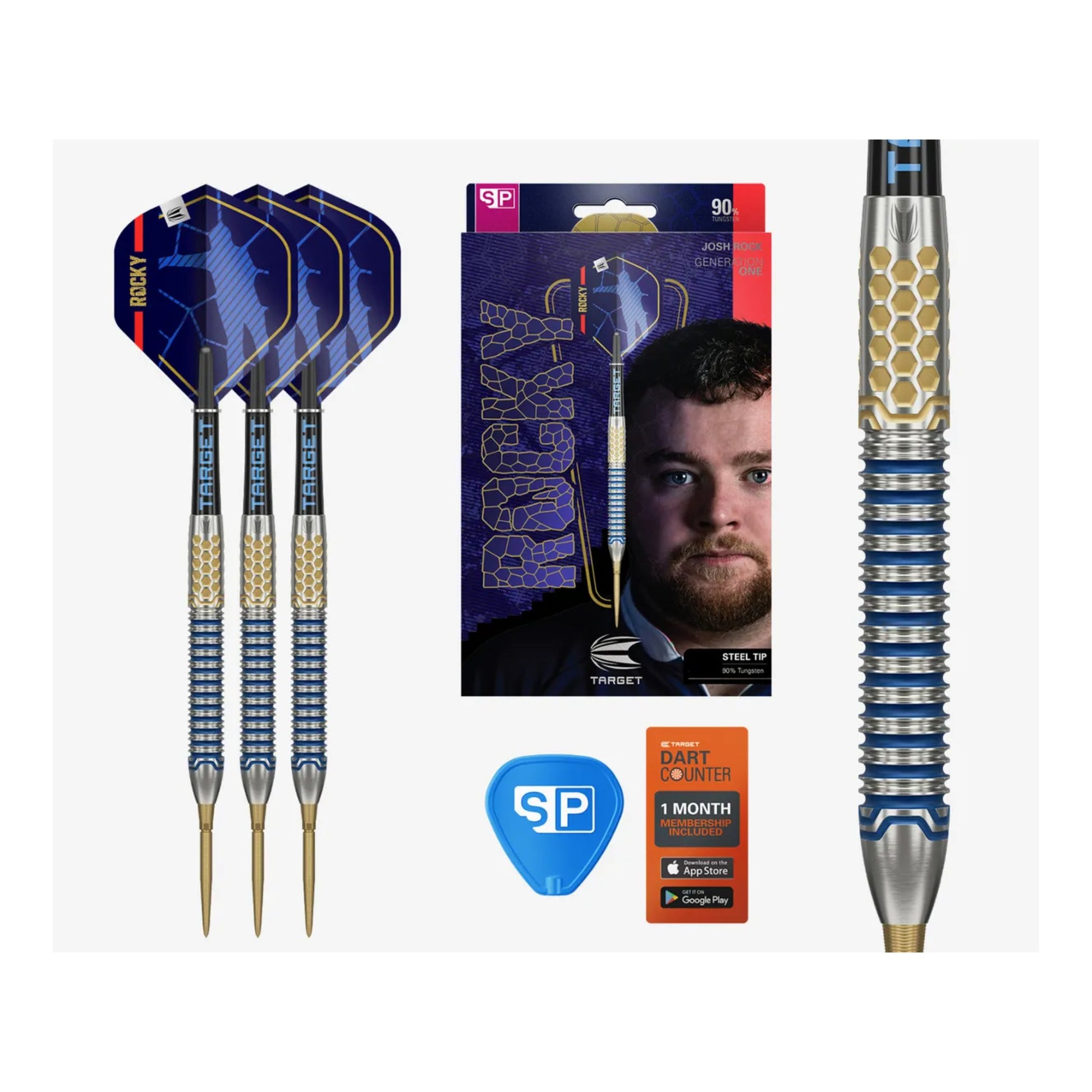 Full set of Target Josh Rock G1 SP darts showing 90% tungsten barrels and blue flights