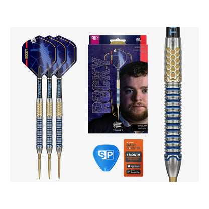 Full set of Target Josh Rock G1 SP darts showing 90% tungsten barrels and blue flights