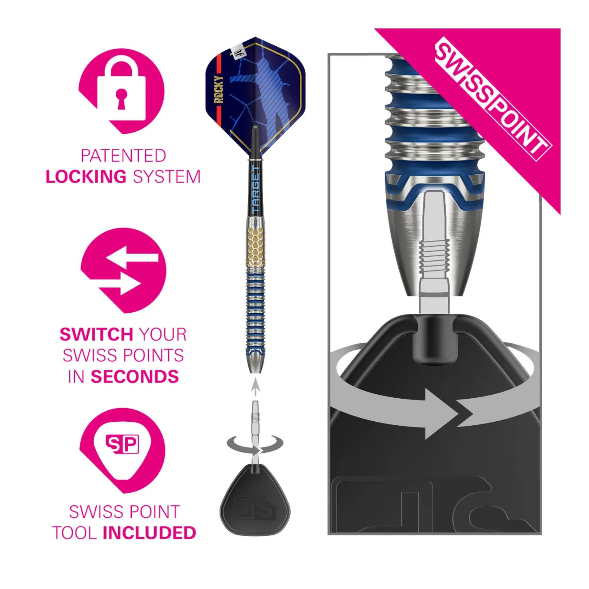 Josh Rock G1 dart with Swiss Point technology and packaging on a white background