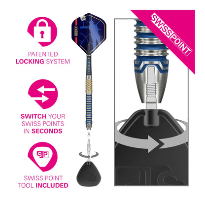 Josh Rock G1 dart with Swiss Point technology and packaging on a white background