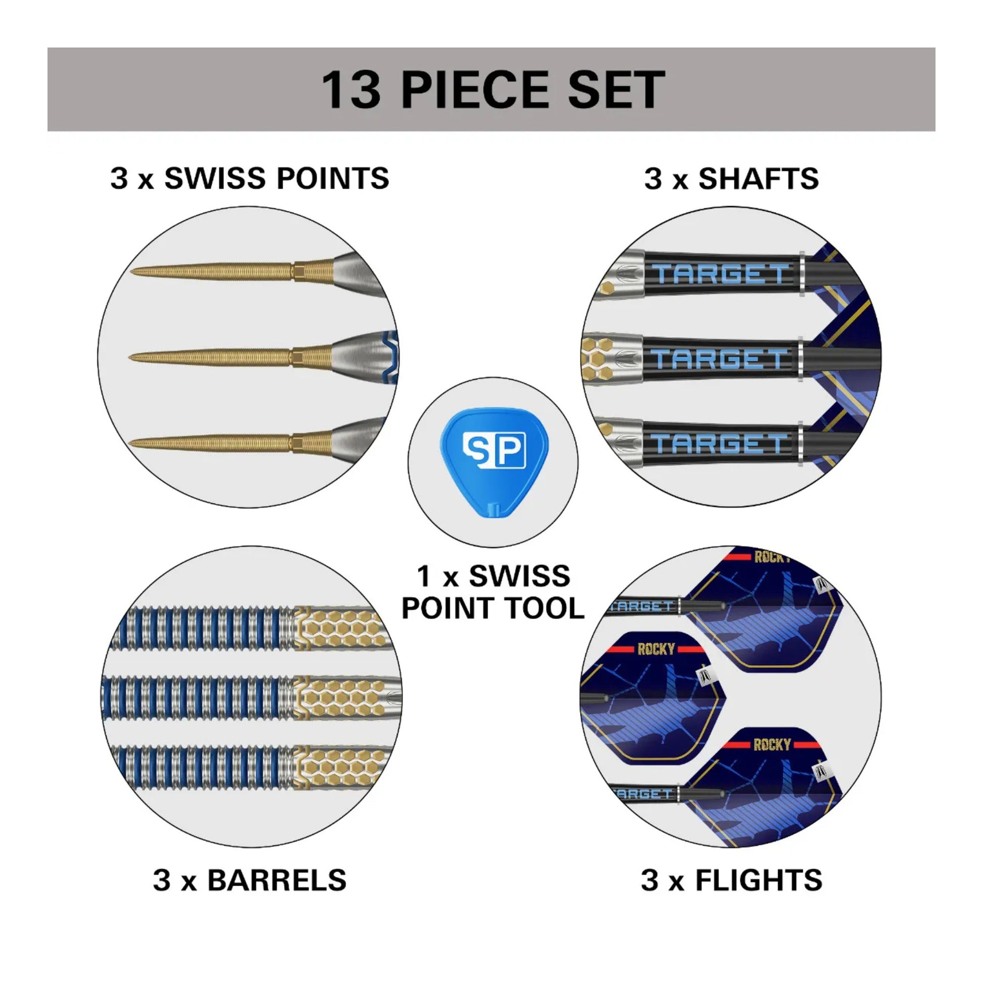 13-piece Josh Rock G1 SP dart set with components labeled on a white background