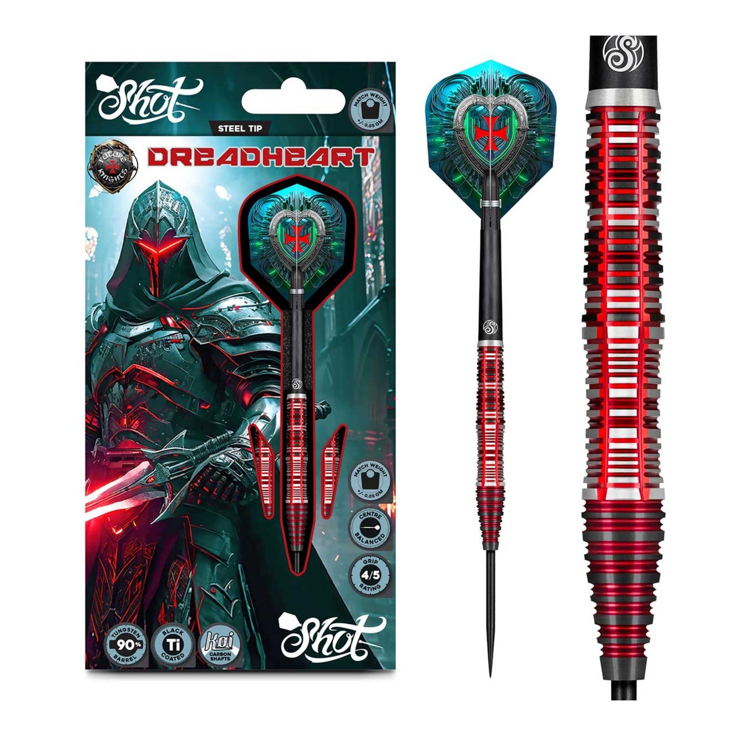 The Future Knights Dreadheart dart set in its official Shot Darts packaging, available for sale at Kingston Billiards and Games.