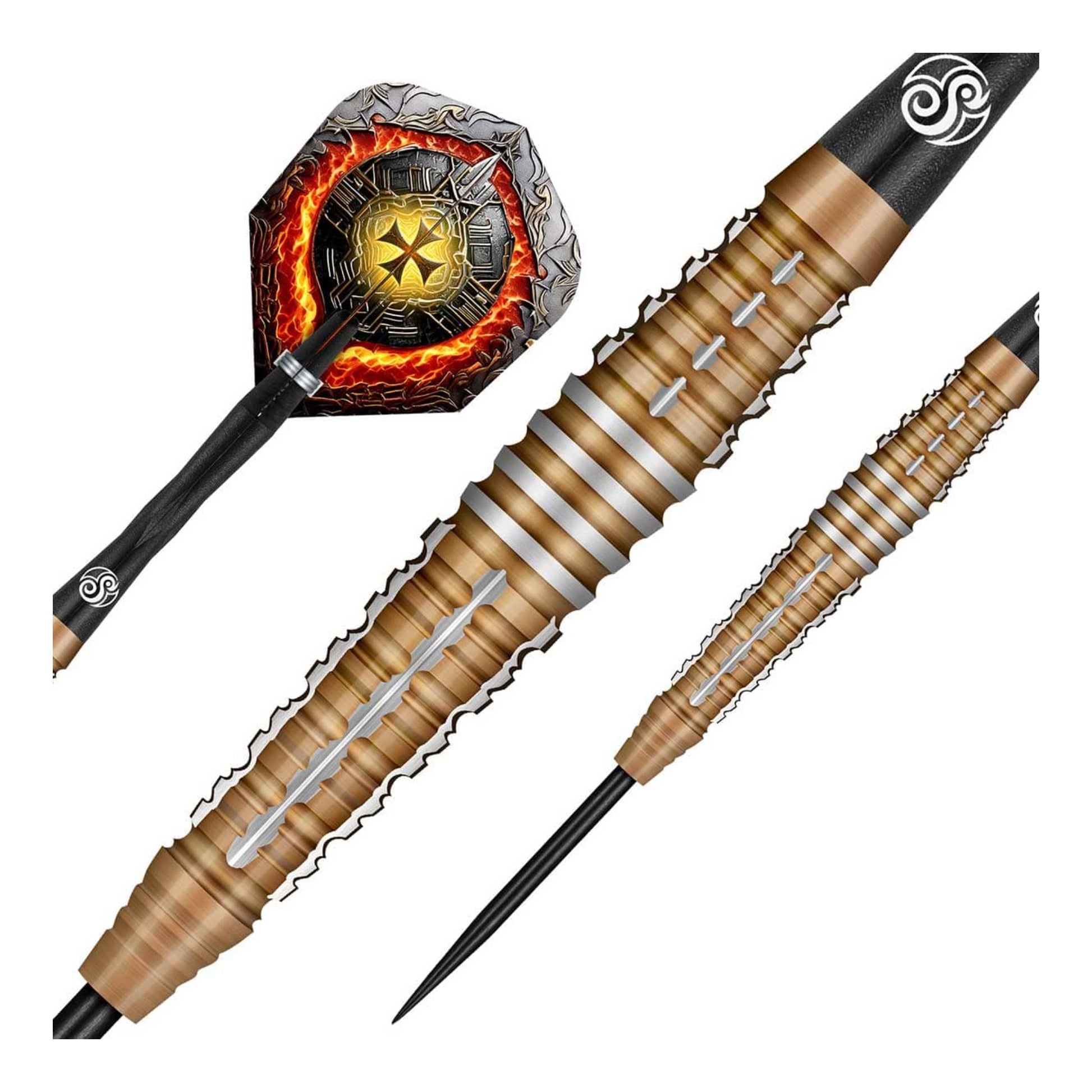 A macro close-up of the Hachette dart barrel, highlighting the multi-zone 4/5 shark grip and rear-weighted missile shape.