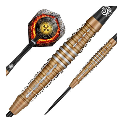 A macro close-up of the Hachette dart barrel, highlighting the multi-zone 4/5 shark grip and rear-weighted missile shape.