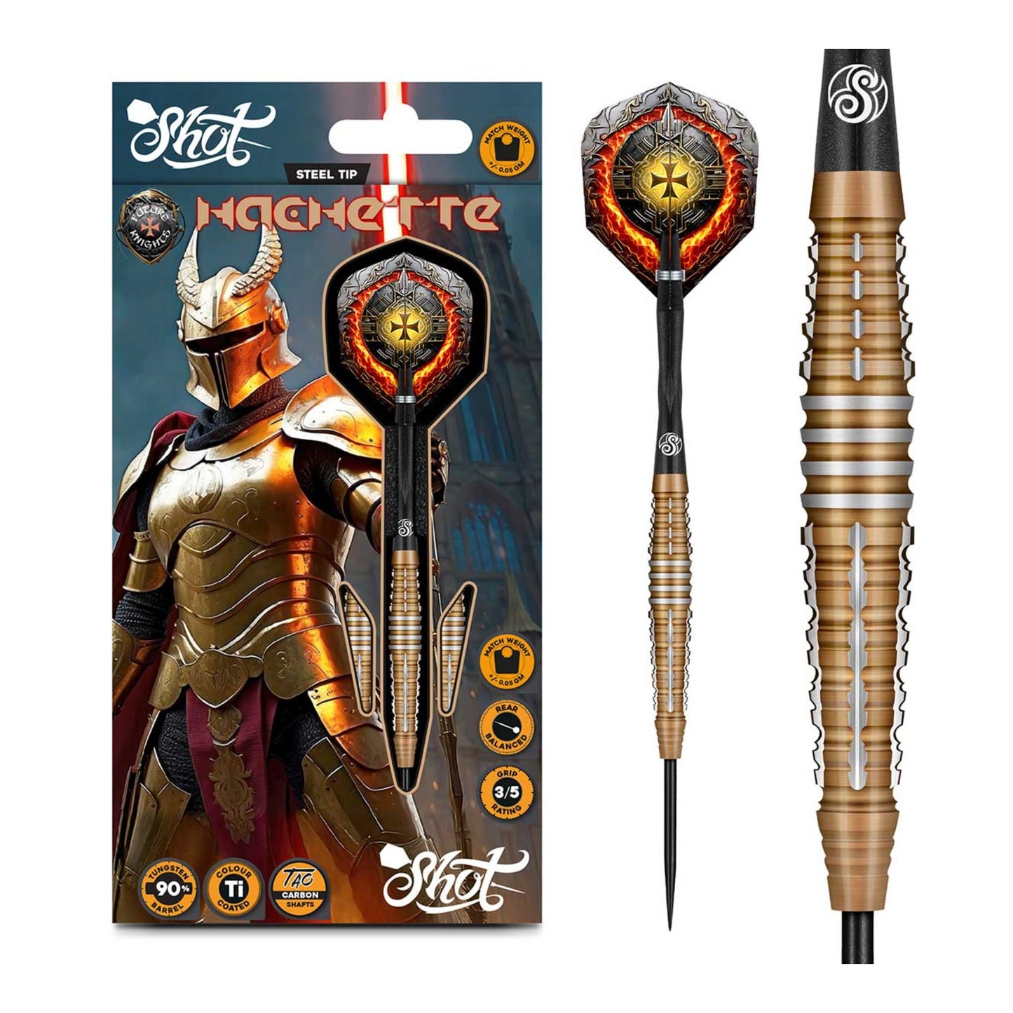 A complete set of three Shot Future Knights Hachette 90% tungsten darts, showing the bronze titanium coating and black Tao Carbon shafts.