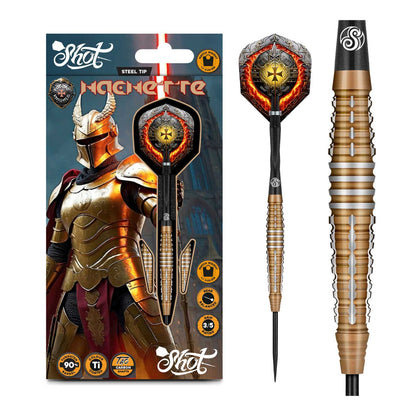 A complete set of three Shot Future Knights Hachette 90% tungsten darts, showing the bronze titanium coating and black Tao Carbon shafts.