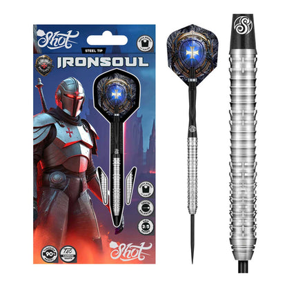 A complete set of three Shot Future Knights Ironsoul 90% tungsten straight barrel darts, shown with black Tao Carbon shafts and matching flights.