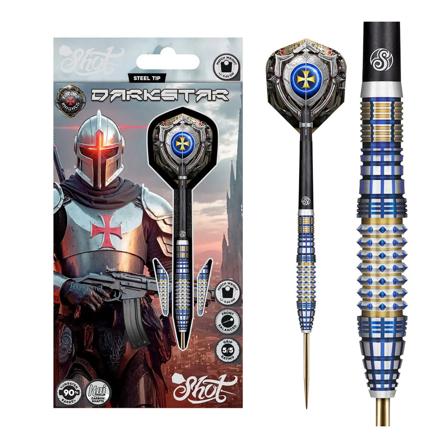 The Future Knights Darkstar dart set displayed in its official Shot Darts packaging, available at Kingston Billiards and Games.