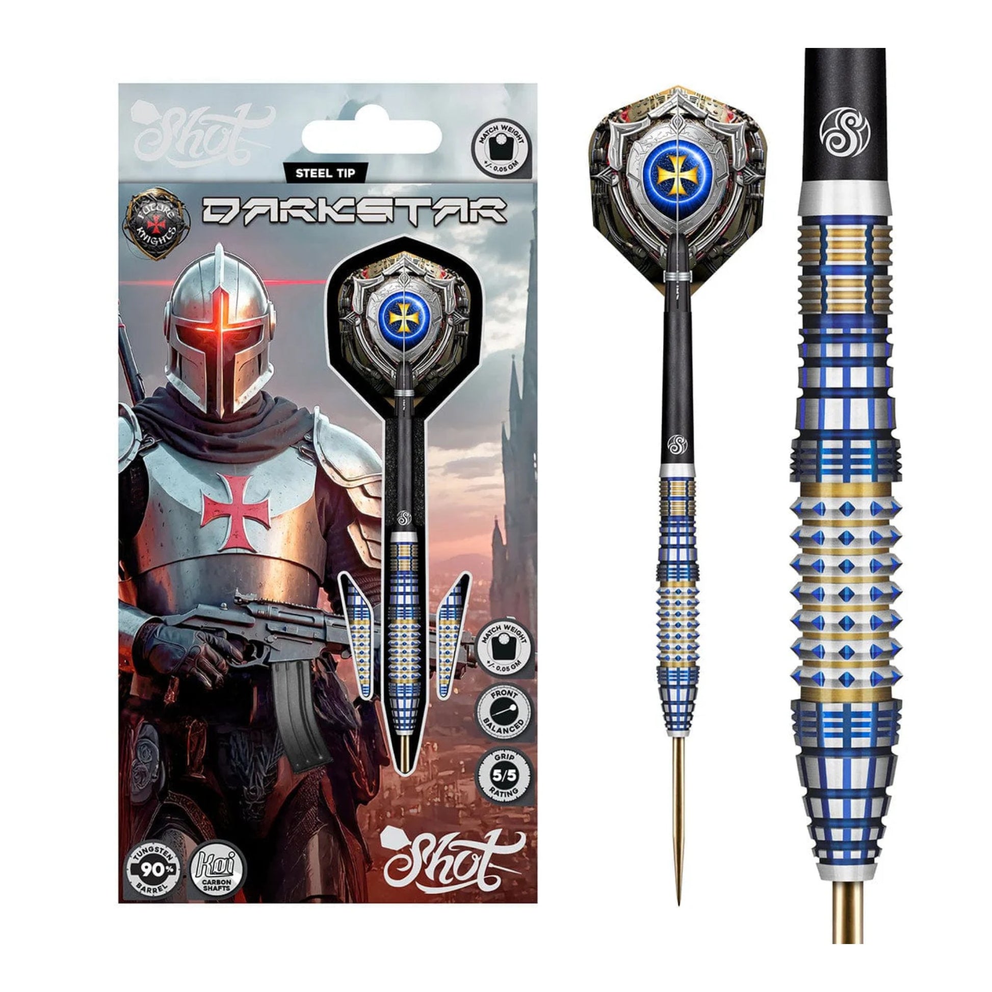 The Future Knights Darkstar dart set displayed in its official Shot Darts packaging, available at Kingston Billiards and Games.