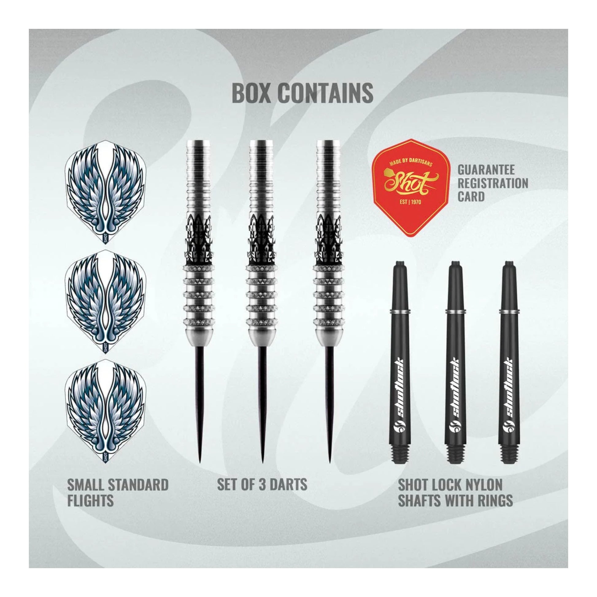 The Birds of Prey Kite 80% tungsten dart set in its official Shot Darts packaging, available for sale at Kingston Billiards and Games.