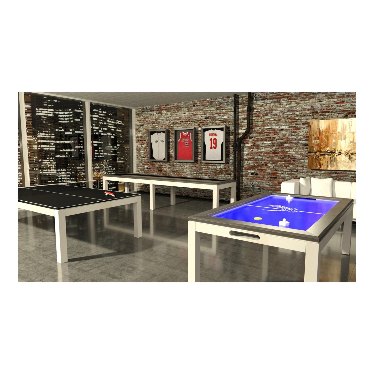 Luxury game room suite featuring La Condo Shuffleboard Table matching Ping Pong and Air Hockey tables