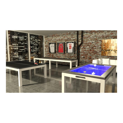Luxury game room suite featuring La Condo Shuffleboard Table matching Ping Pong and Air Hockey tables