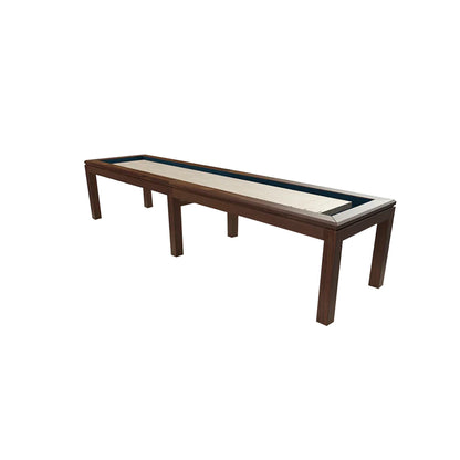 La Condo Shuffleboard 12 foot table side view in Marine finish with solid wood accents