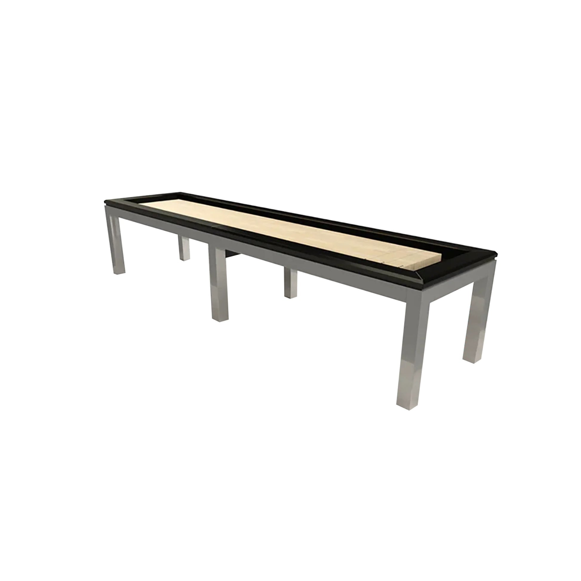 La Condo Evolution Stainless Shuffleboard table with industrial steel legs in modern room