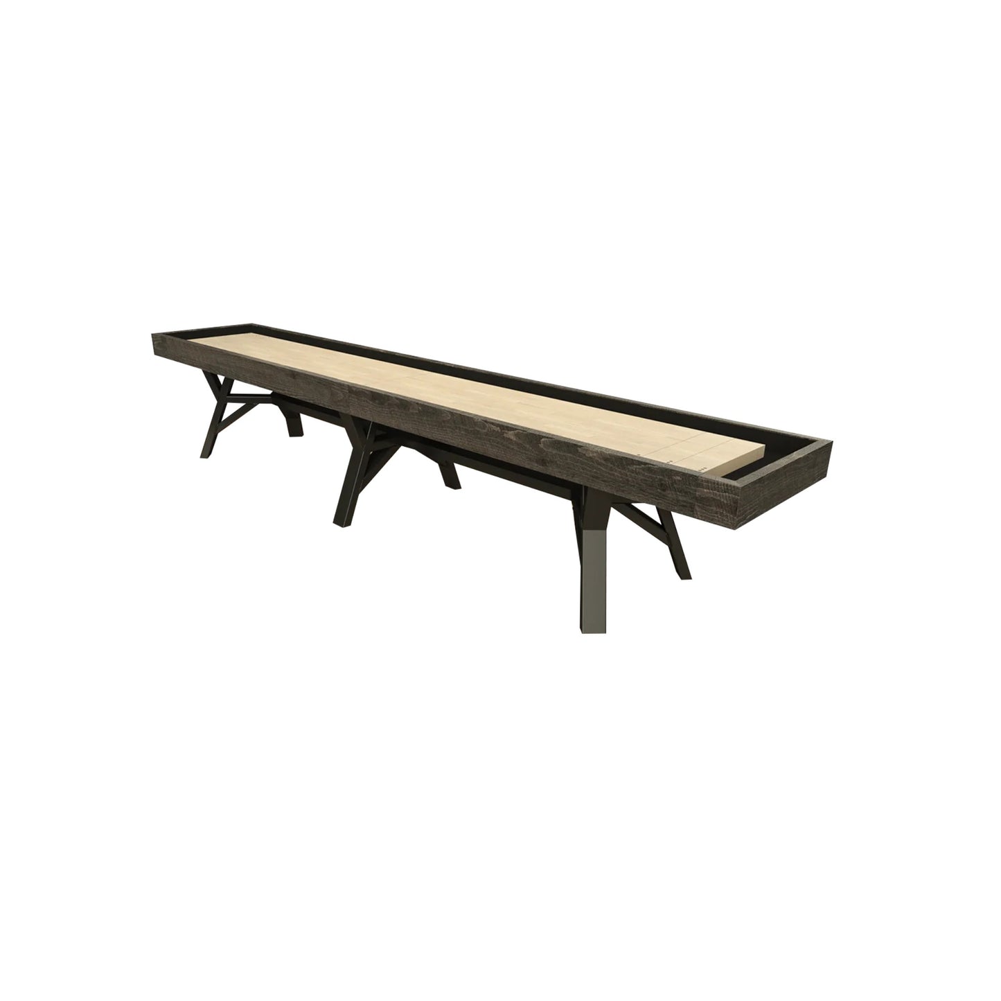 La Forge industrial shuffleboard table featuring rough structural steel legs and solid red pine cabinet