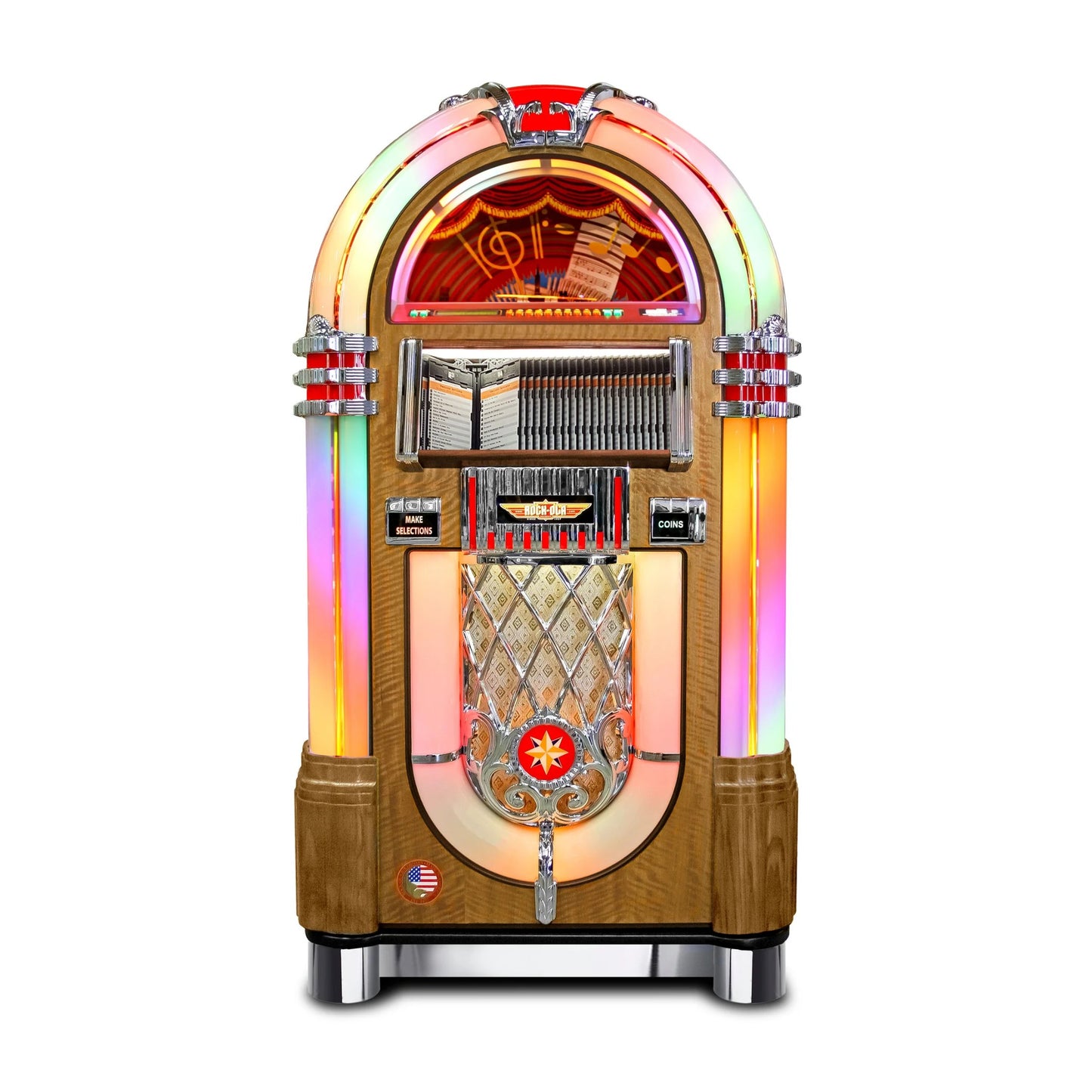 Vintage-style jukebox with colorful light display on a white background