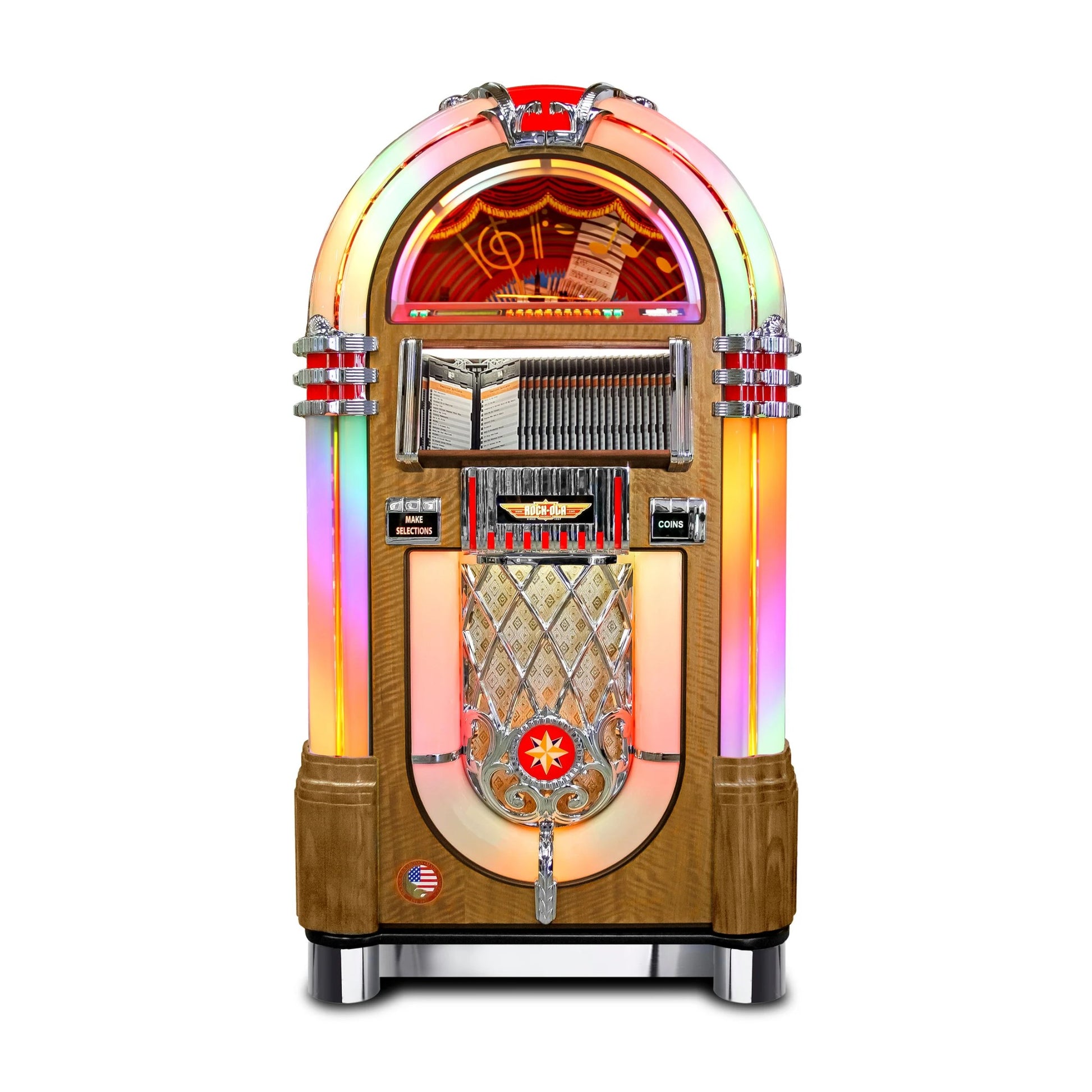Vintage-style jukebox with colorful light display on a white background