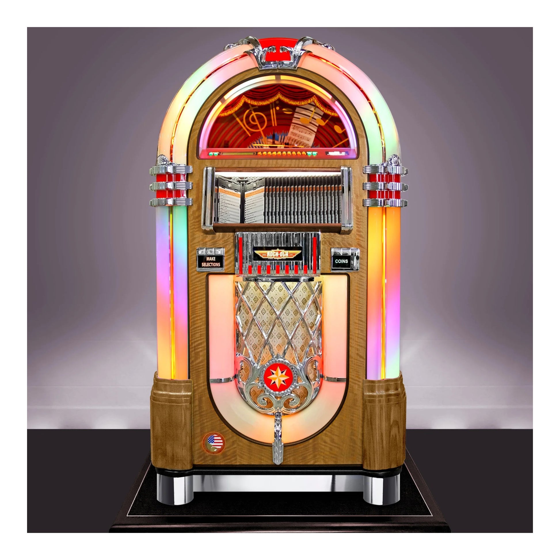 Vintage-style jukebox with colorful lights on a gray background