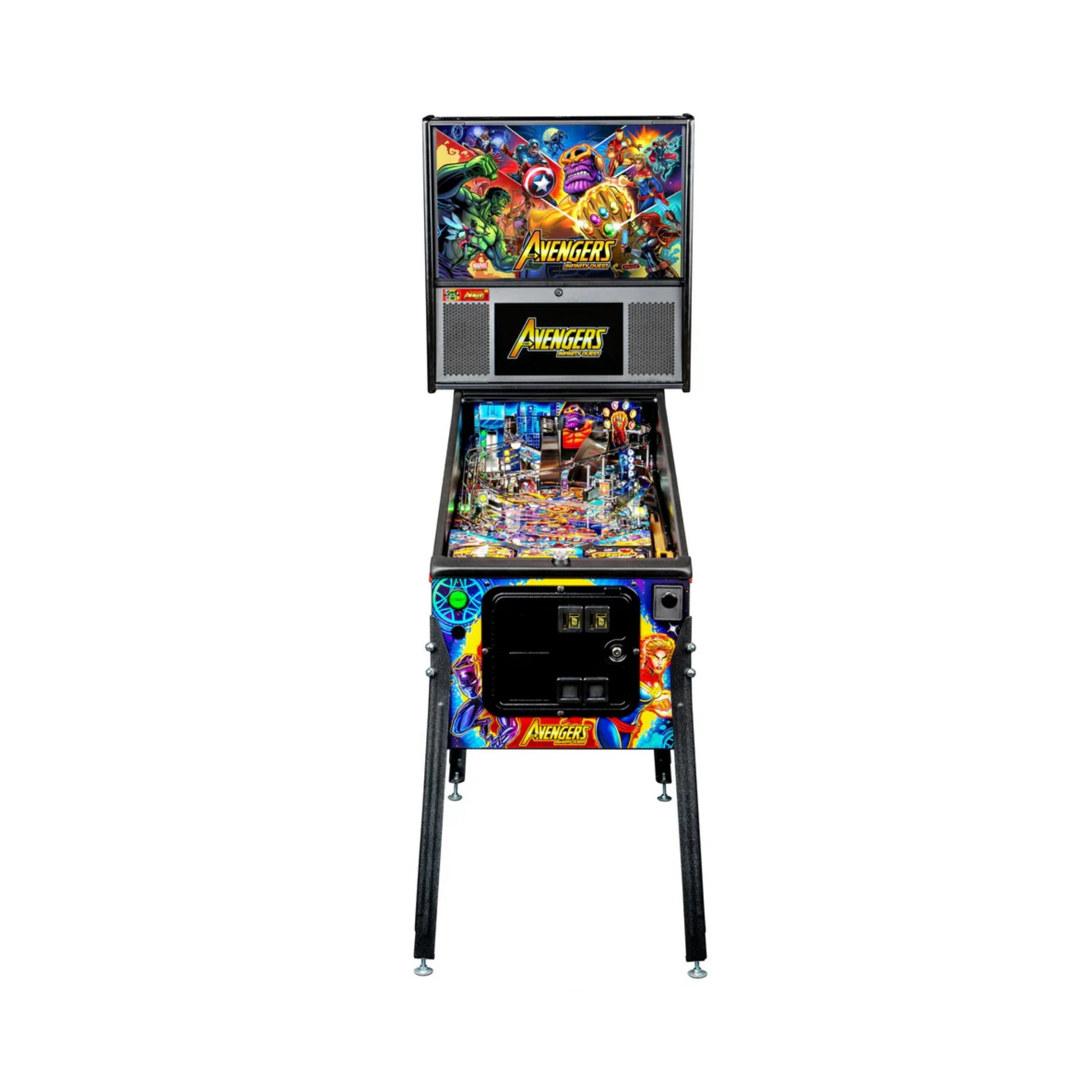 Pinball machine themed after the Avengers on a white background