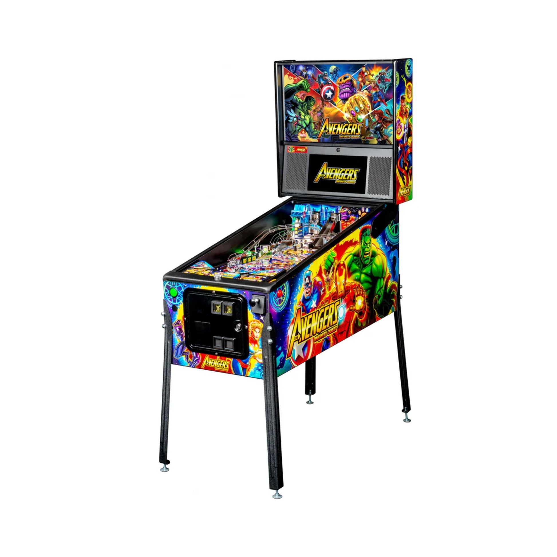 Colorful pinball machine with 'Avengers' theme on a white background